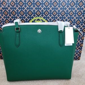 New Tory Burch Emerson Emerald Green Top Zip Tote